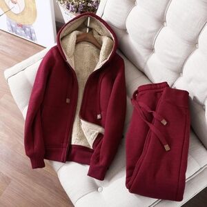Womens 2 Piece Outfits Fleece Lined Sweatsuits Zip Up Sherpa Lined Hoodie Jacket